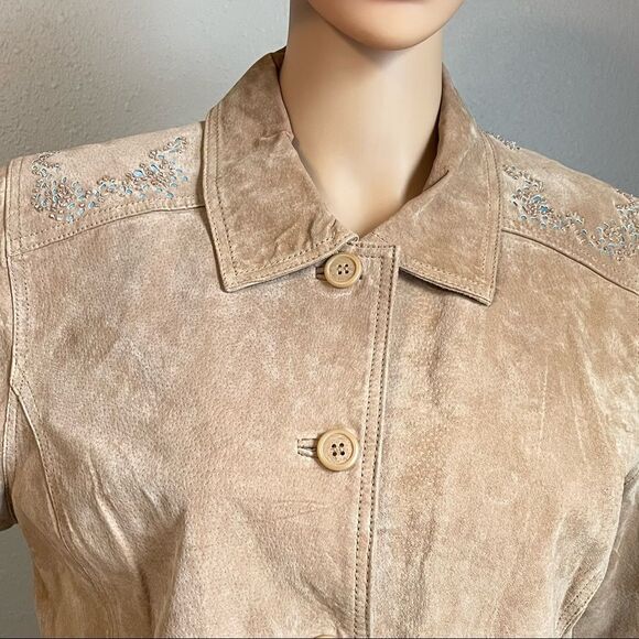 Brandon Thomas Tan Leather Jacket Cutout Turquoise Design Beaded Detail Medium - Picture 2 of 16